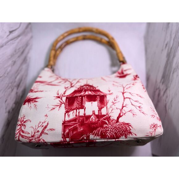 Talbots Red Toile Bamboo Handle Bag | Chinoiserie Pagoda Print | Top Handle - Picture 1 of 8
